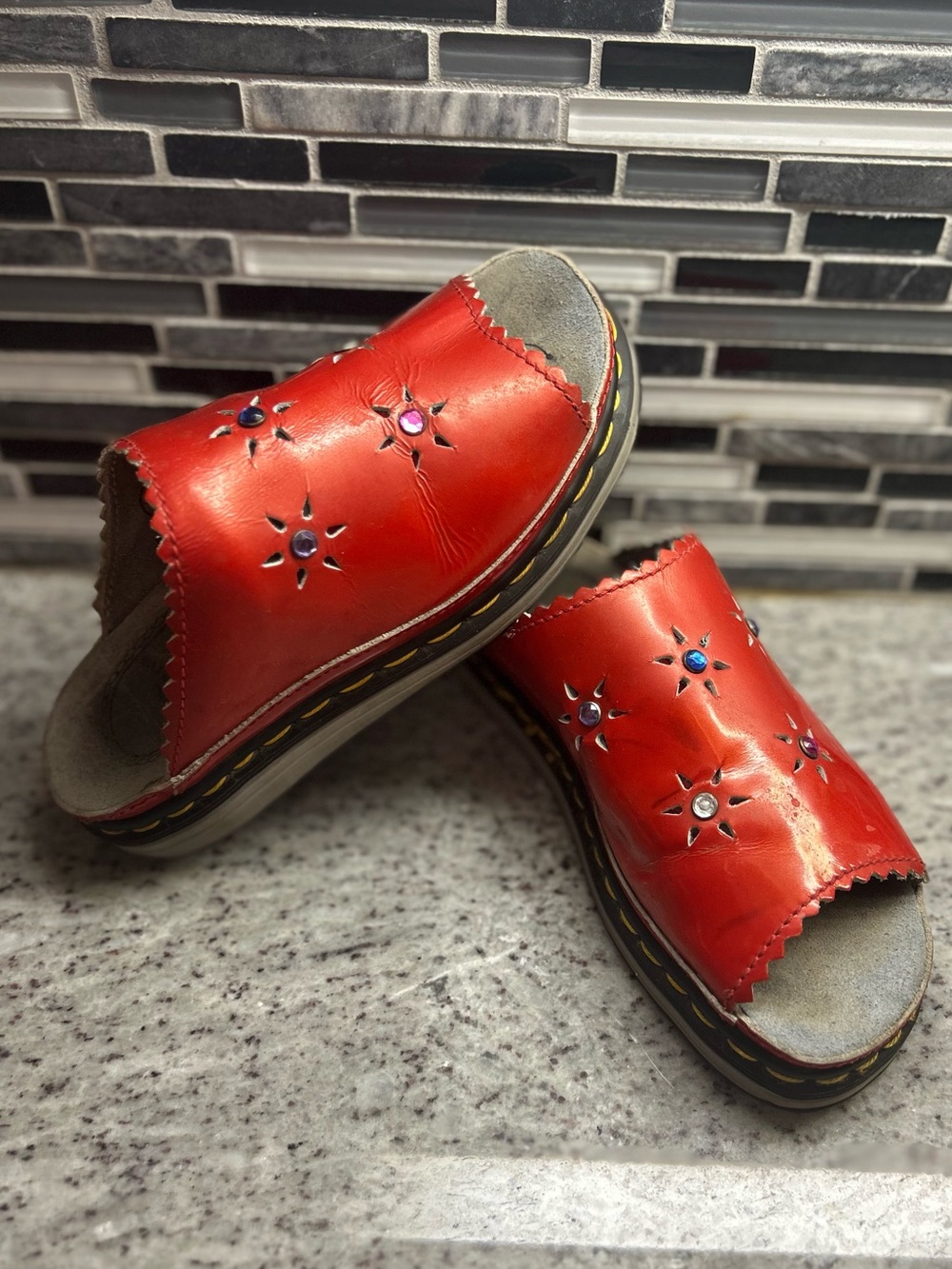 Women's Vintage Dr Martens Red Slide Sandals with Gem Star Accents size 6